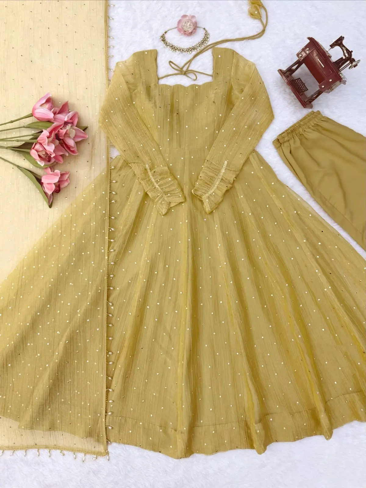 Mustard Gold Foil Work Salsa Silk Straight Salwar Set